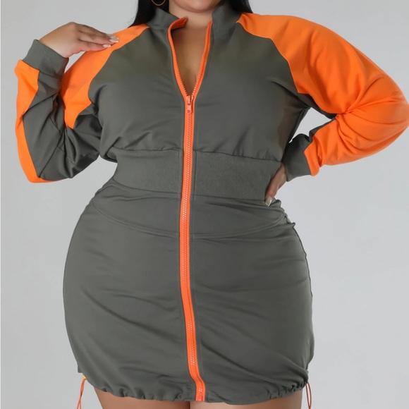 Olive green orange long sleeve mini dress zip up drawstring - Picture 4 of 9